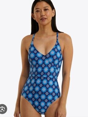 Draper James Crossover One Piece Bathing Suit Navy White NWT Sz Large